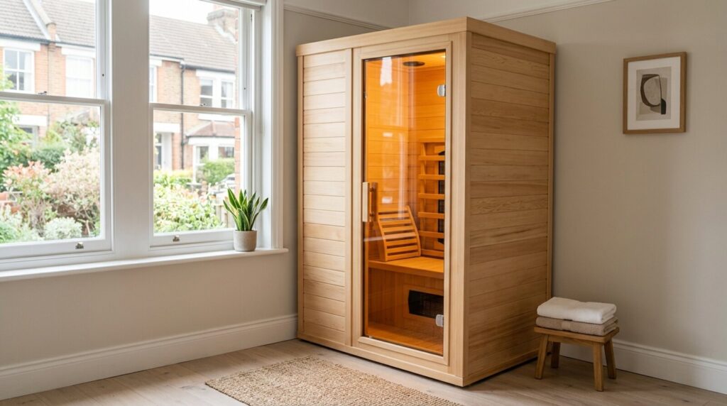 Compact wooden infrared sauna cabin with a glass door glowing warmly in the corner of a bright UK spare room