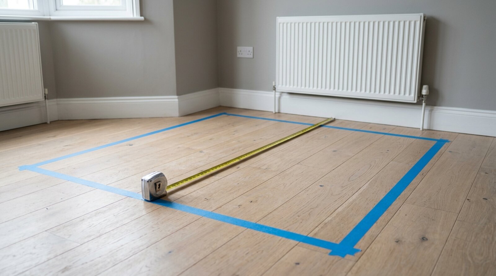 Tape measure and masking tape marking out a sauna footprint on the wooden floor of an empty UK room corner