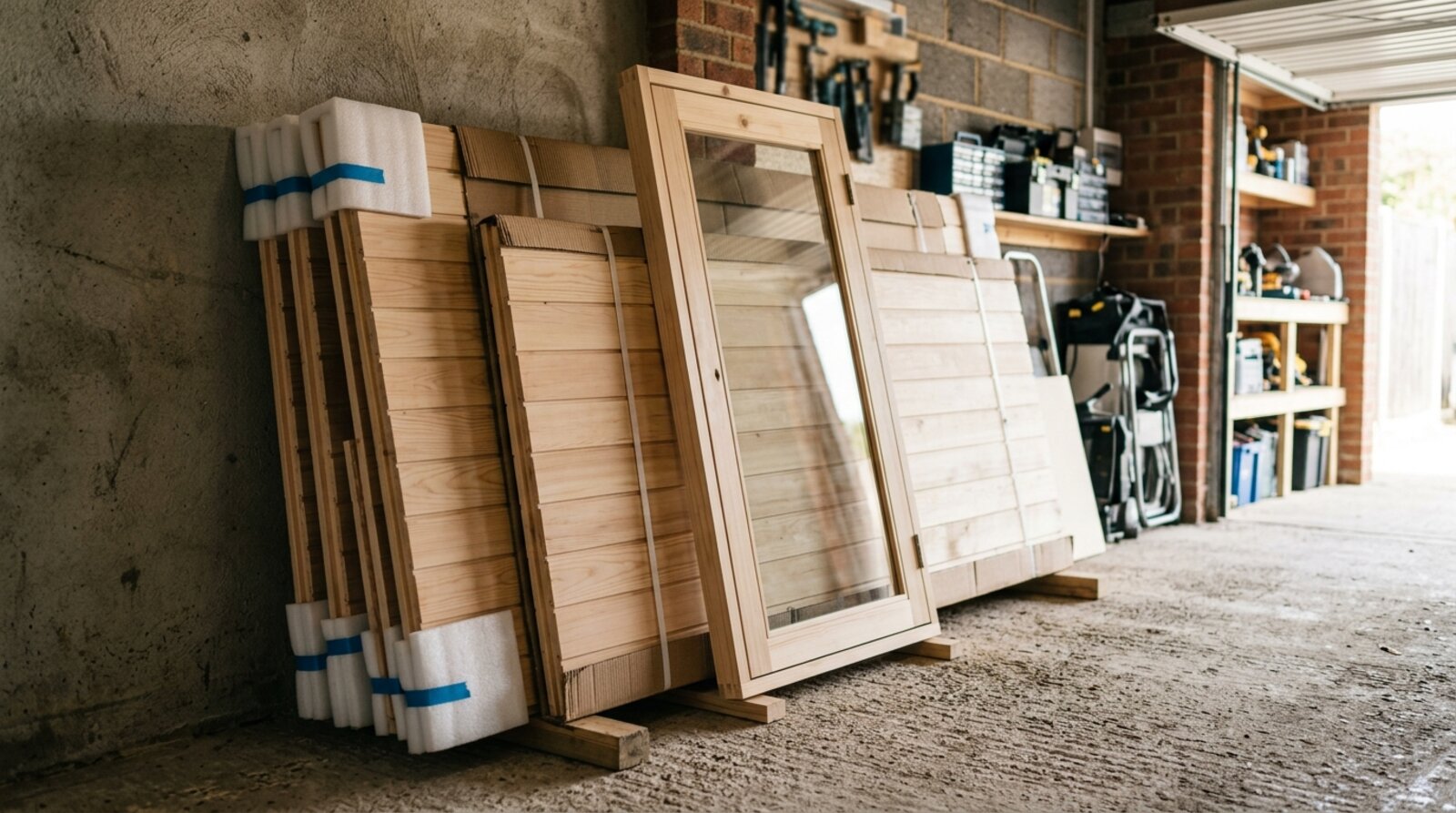 Flat-packed timber sauna panels and a glass door leaning against a garage wall before assembly