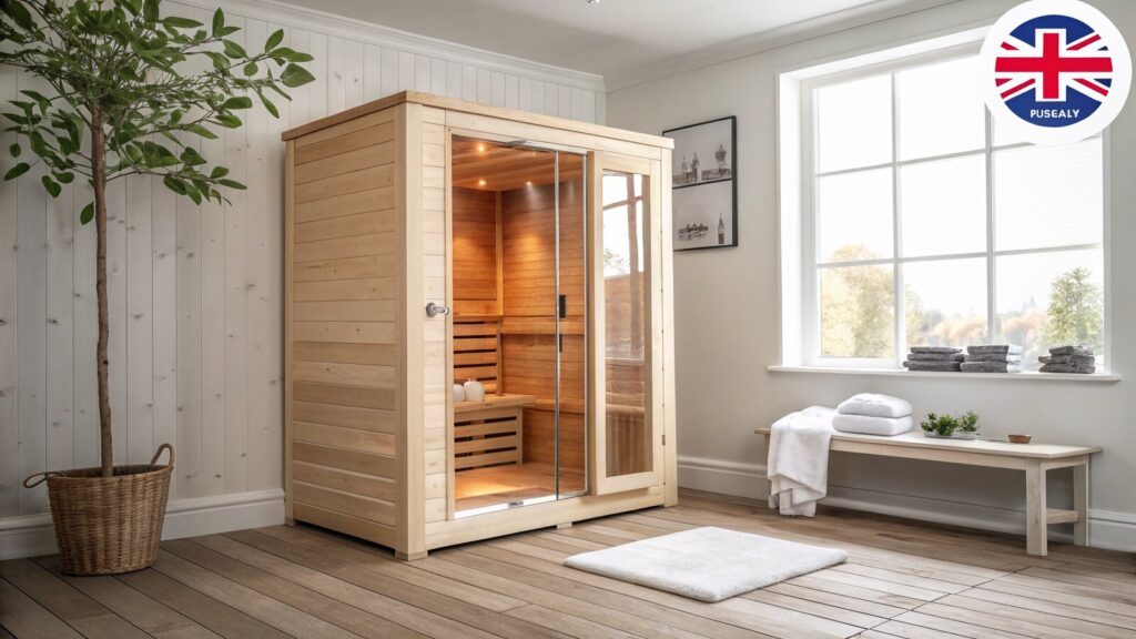 A light cedar infrared sauna cabin in a bright modern UK home interior