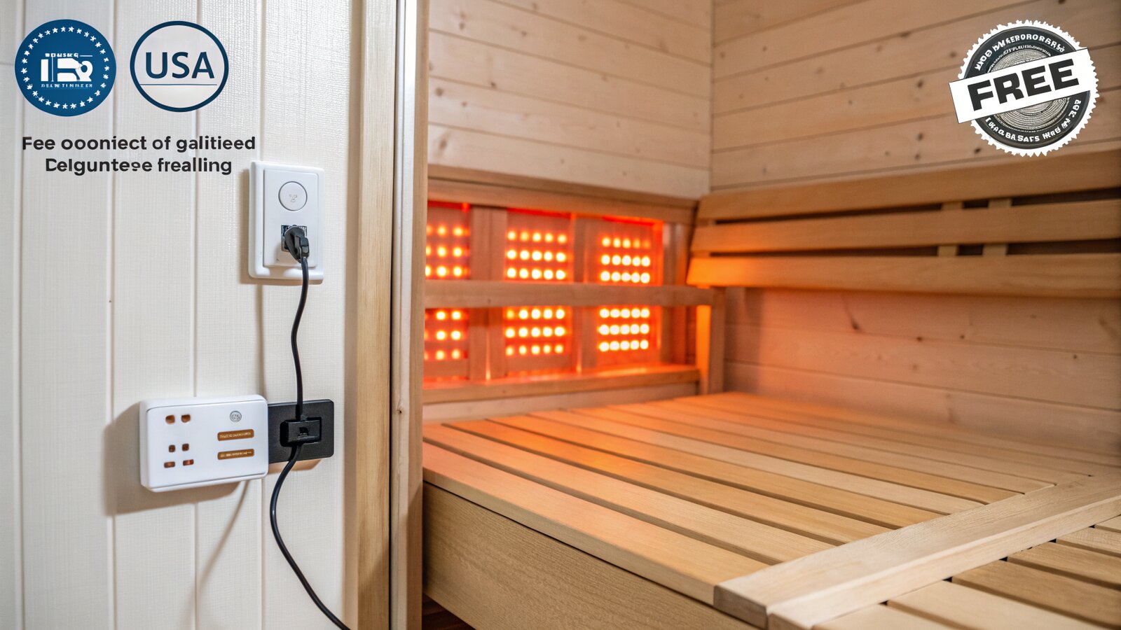 Interior of an infrared sauna showing heating panel, wooden bench and a UK plug socket nearby