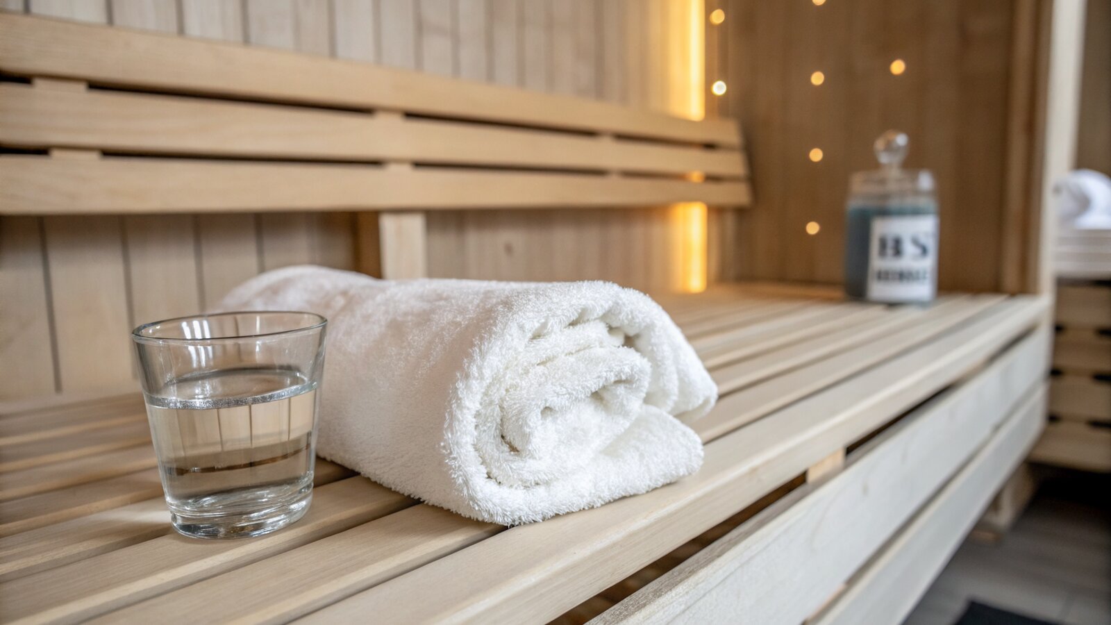 A towel and glass of water on the cedar bench of a home infrared sauna