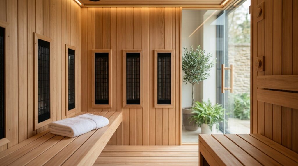 Interior of a cedar home infrared sauna showing flat heater panels behind the bench