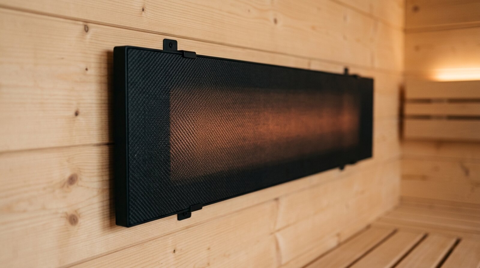 Wide flat carbon-fibre infrared heater panel mounted on a wooden sauna wall