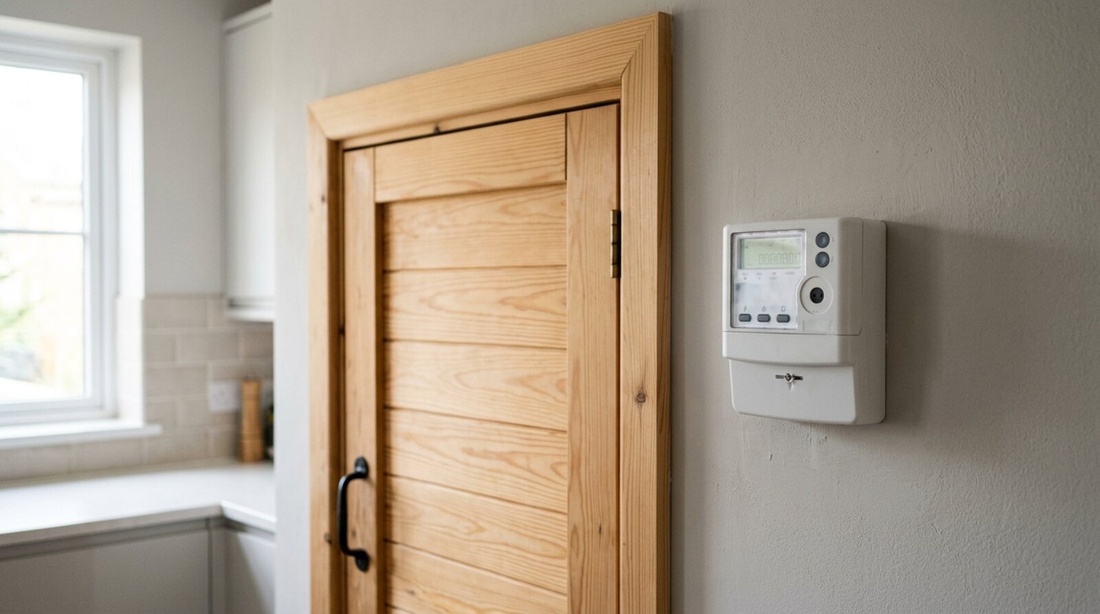 UK home electricity meter beside a wooden sauna door