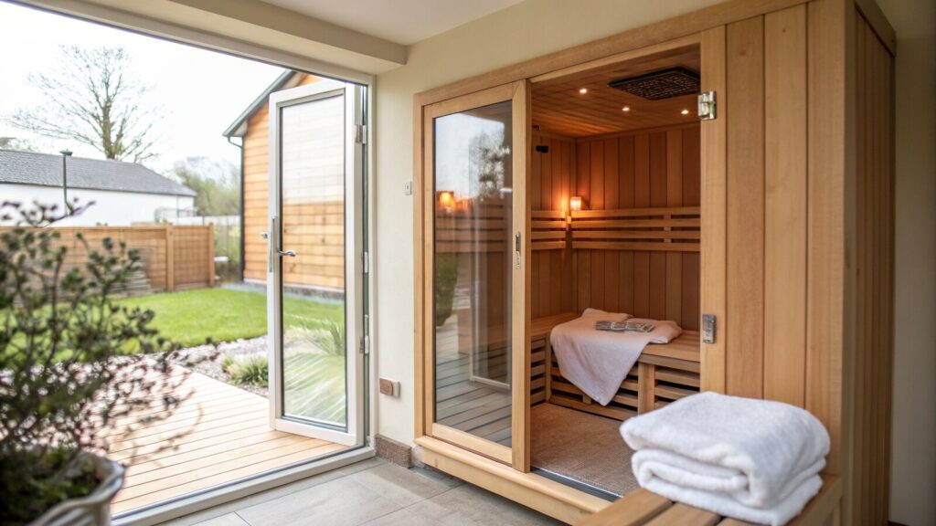 Far infrared sauna cabin with wooden panelling in a UK home