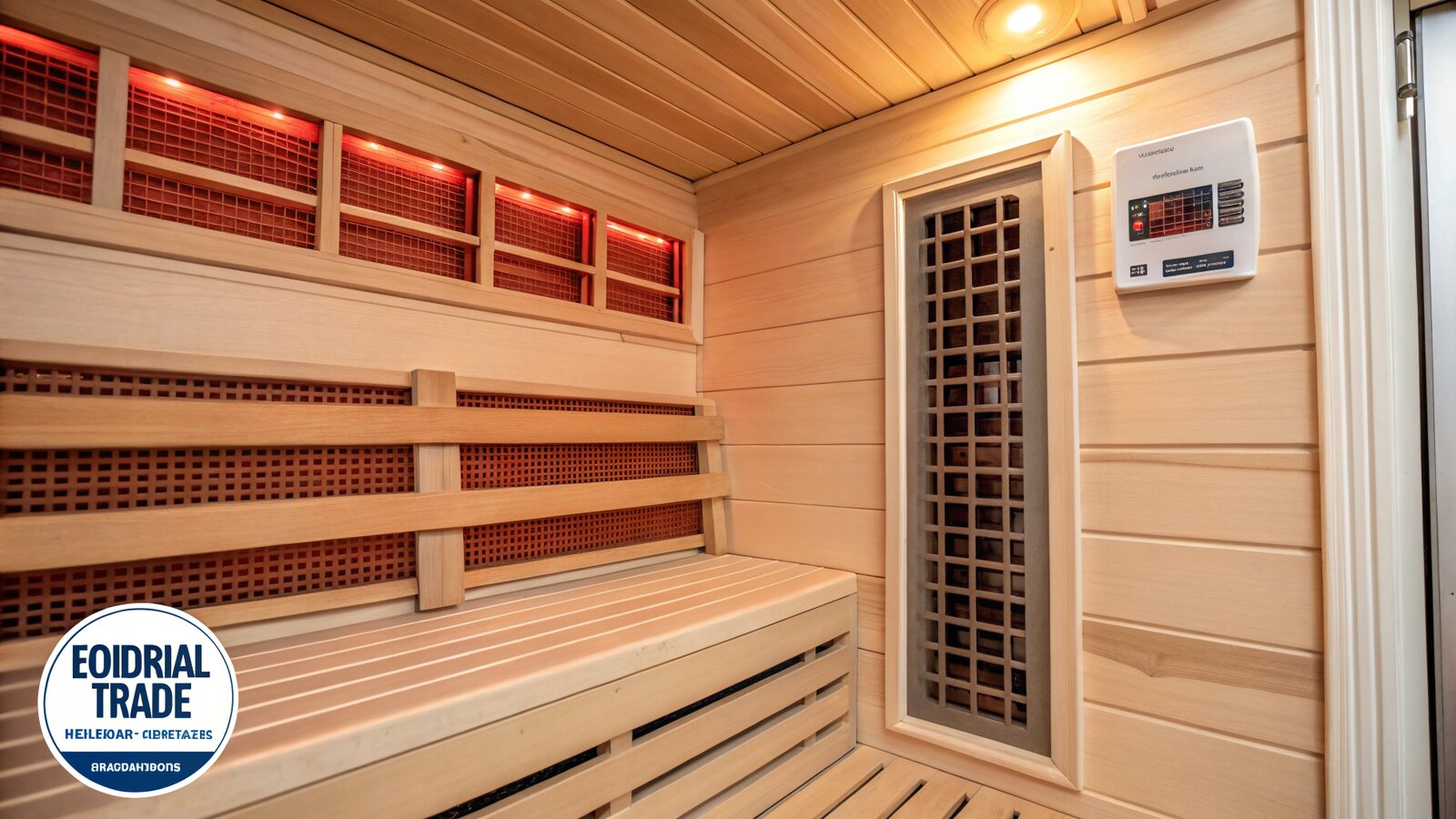 Carbon and ceramic infrared heater panels inside a sauna cabin wall