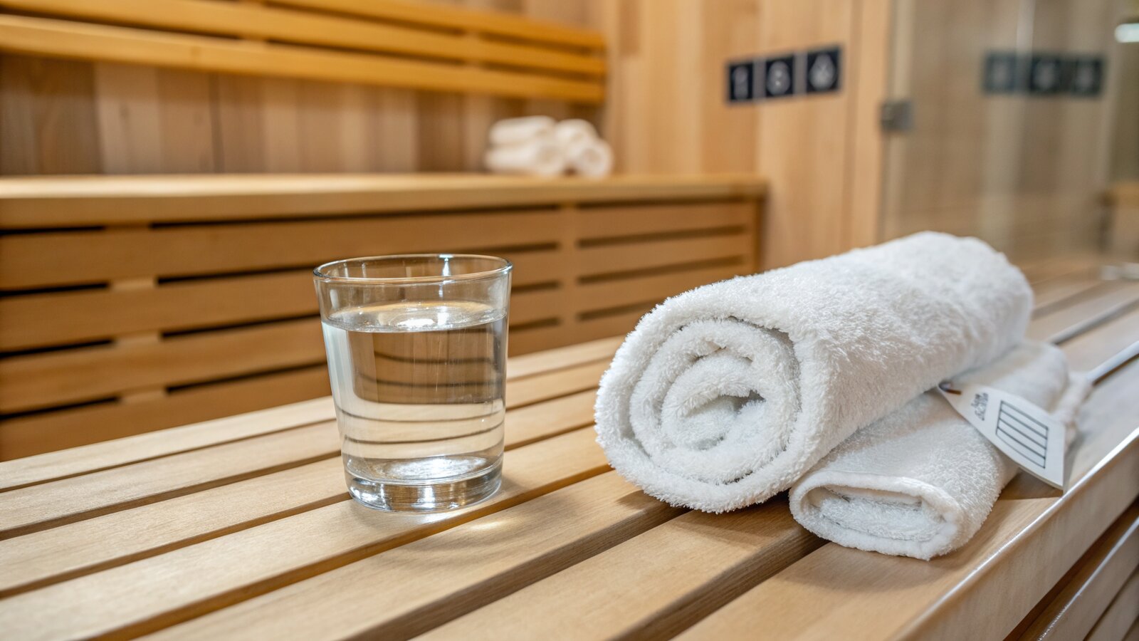Towel and water on an infrared sauna bench
