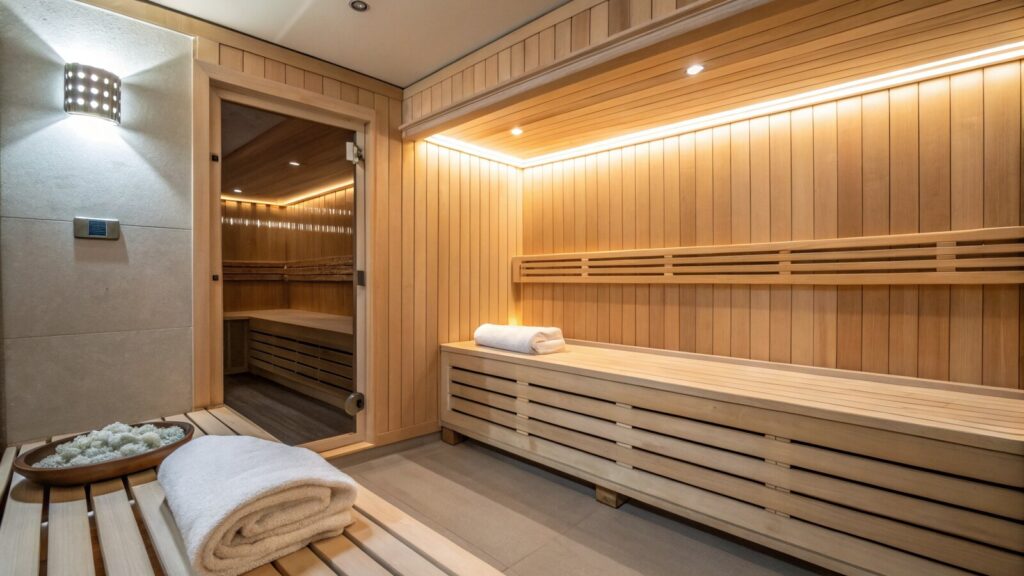 Interior of a modern home infrared sauna with cedar panelling