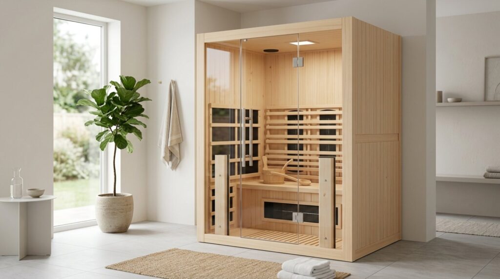 Pale hemlock infrared sauna cabin with a glass door in a bright home wellness room
