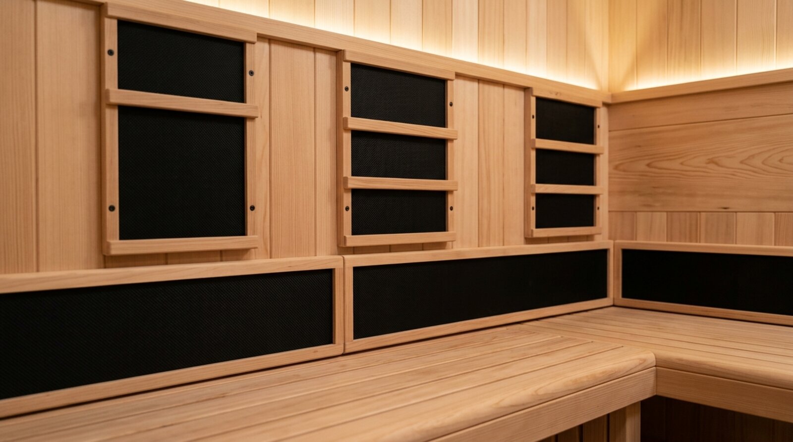 Interior of an infrared sauna showing flat carbon heater panels on the wooden wall