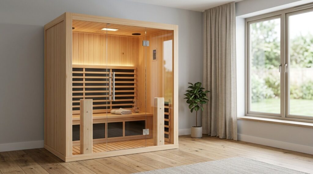 Two-person hemlock infrared sauna cabin installed in a modern UK home