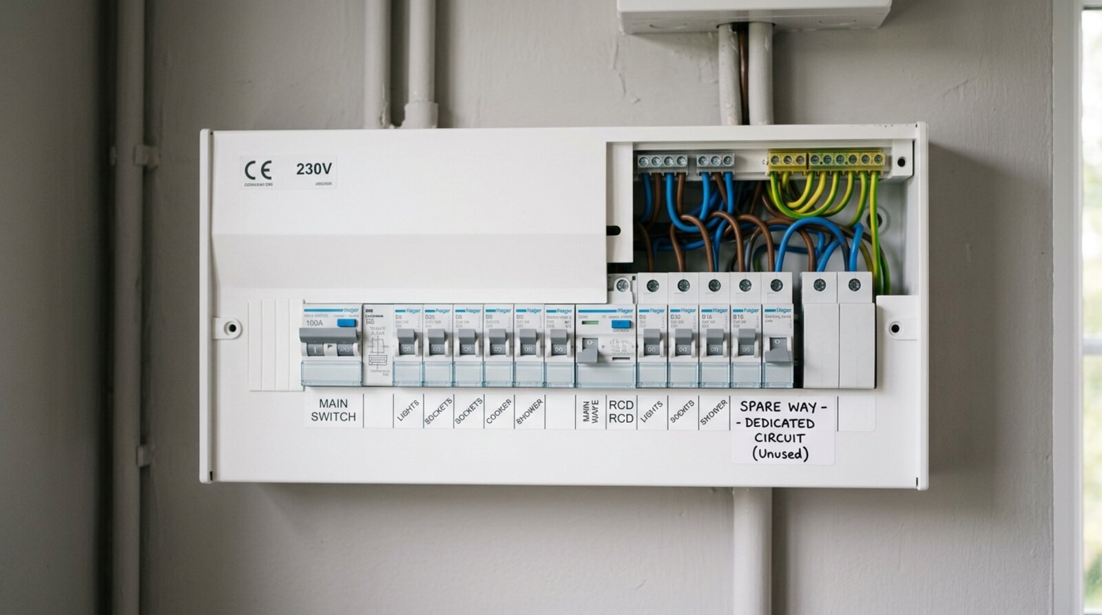 UK consumer unit with circuit breakers for a dedicated sauna circuit