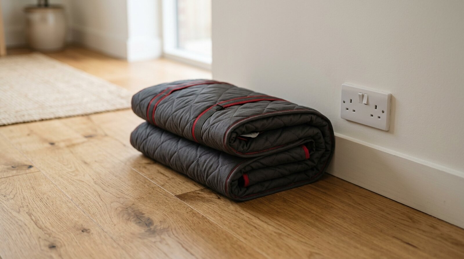 Infrared sauna blanket beside a UK plug socket