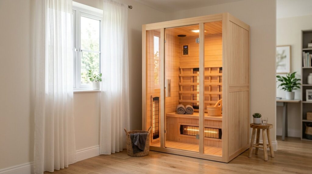 Compact wooden infrared sauna cabin in a UK home spare room
