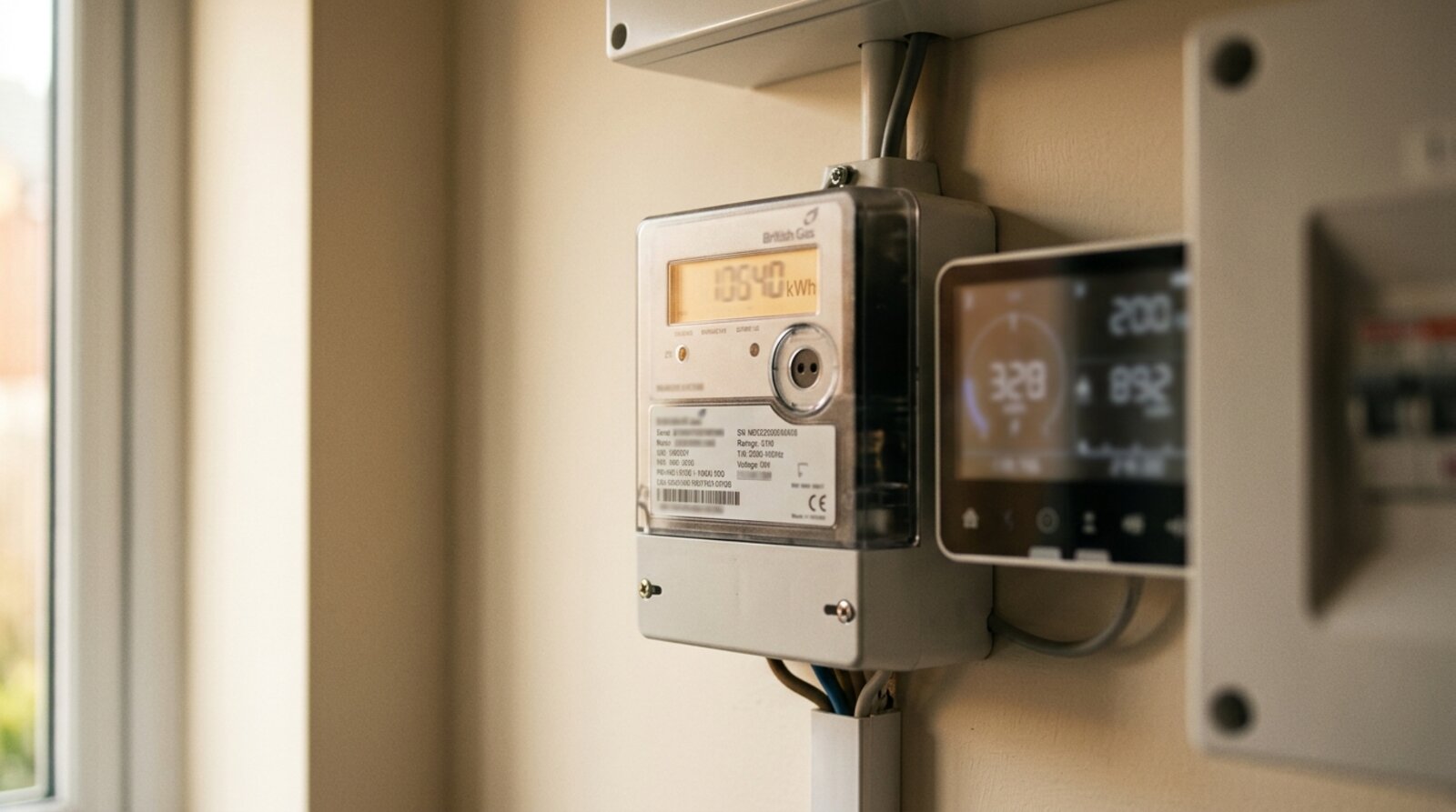 Domestic energy meter showing kilowatt usage next to an appliance rating plate