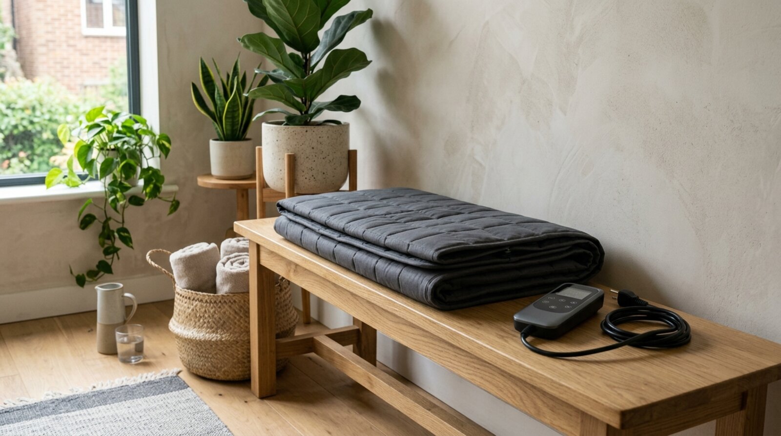Infrared sauna blanket folded on a bench in a UK home wellness space
