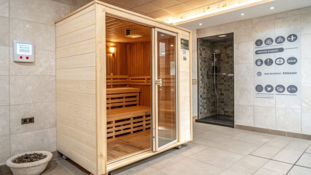 Infrared sauna cabin and tiled steam room interiors