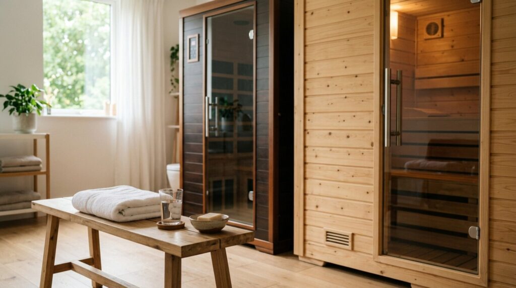 Infrared sauna cabin and traditional wooden sauna side by side in a modern UK home wellness room