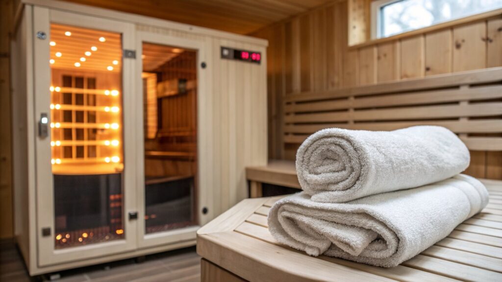 Interior of a warm cedar home infrared sauna cabin