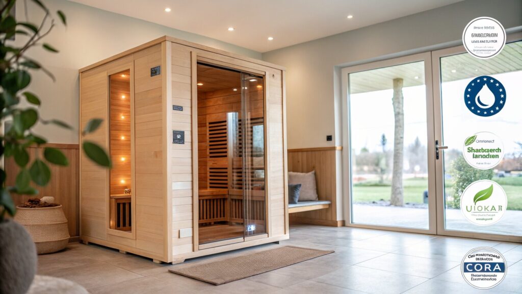 Modern infrared sauna in a calm home wellness room