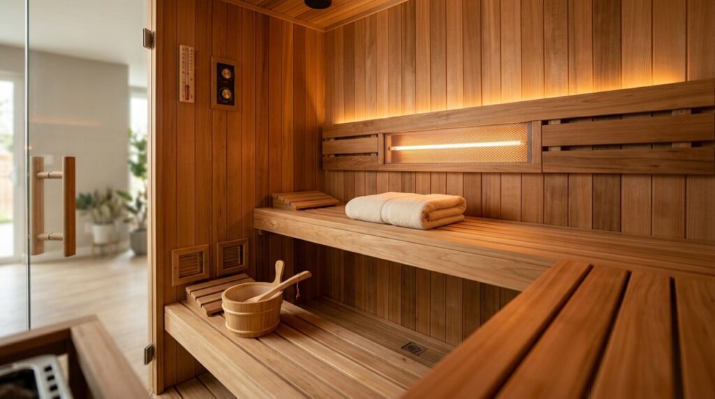 Interior of a modern home sauna with warm timber
