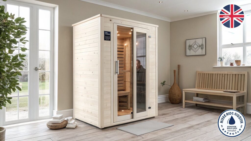 A pale wooden infrared sauna cabin with a glass door in a bright modern UK home