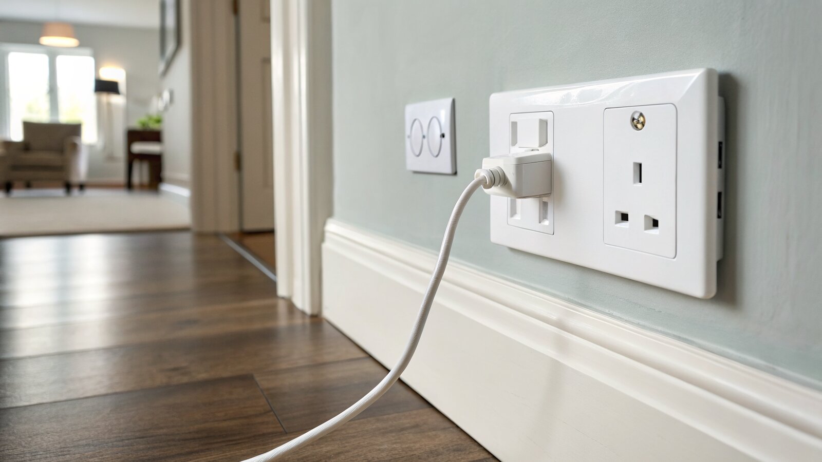 A standard UK 13 amp three-pin wall socket in a home