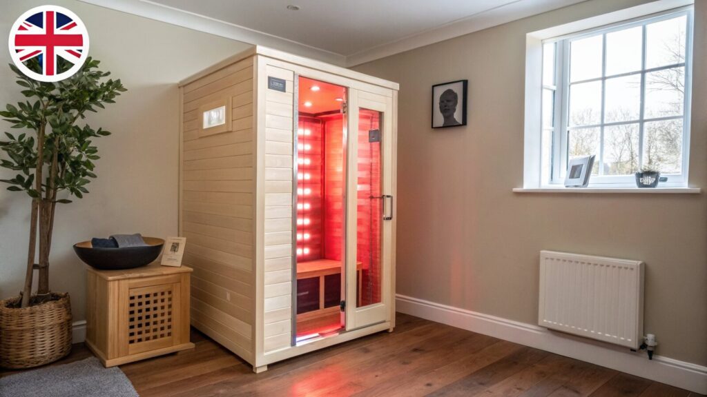Infrared sauna cabin and red light therapy panel side by side in a home wellness room