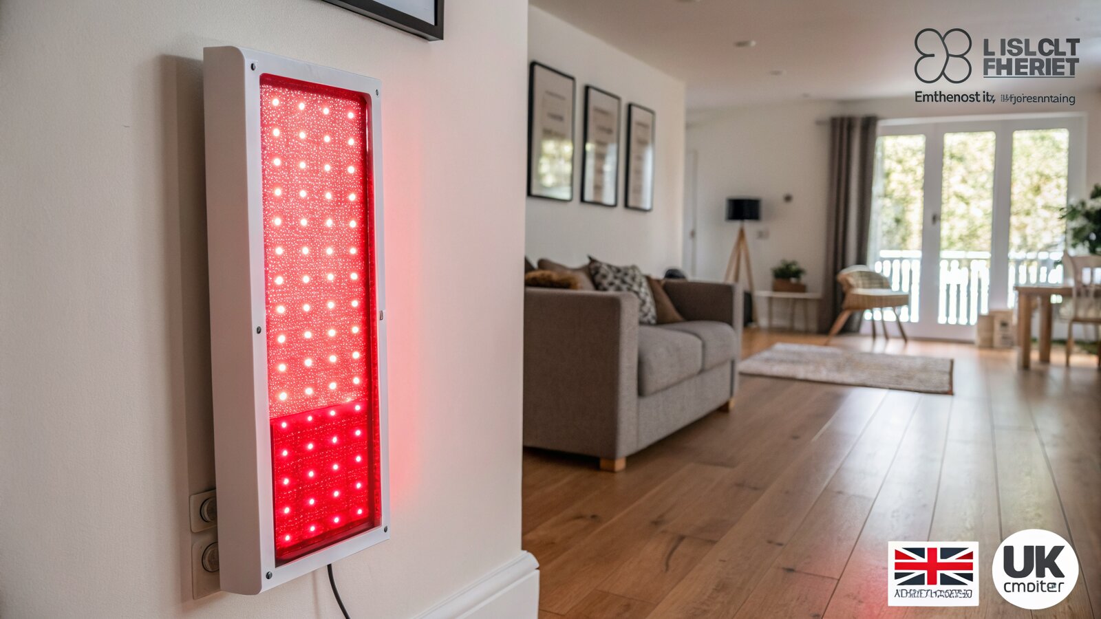 Wall-mounted red light therapy panel glowing in a home corner