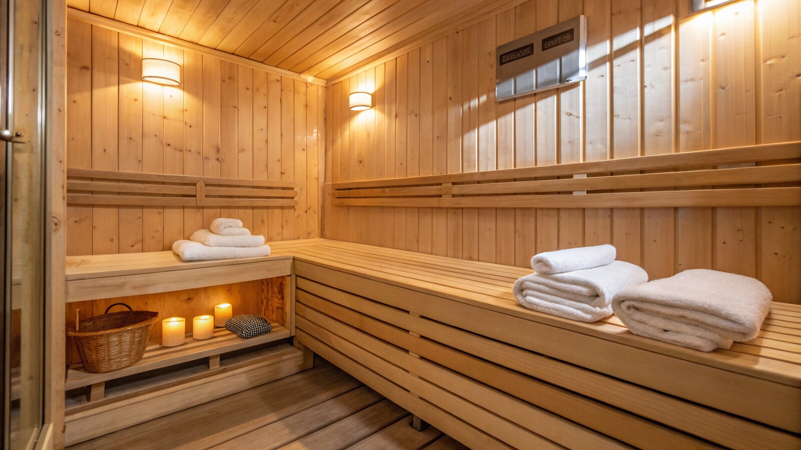 Interior of a wooden infrared sauna cabin with bench and folded towels