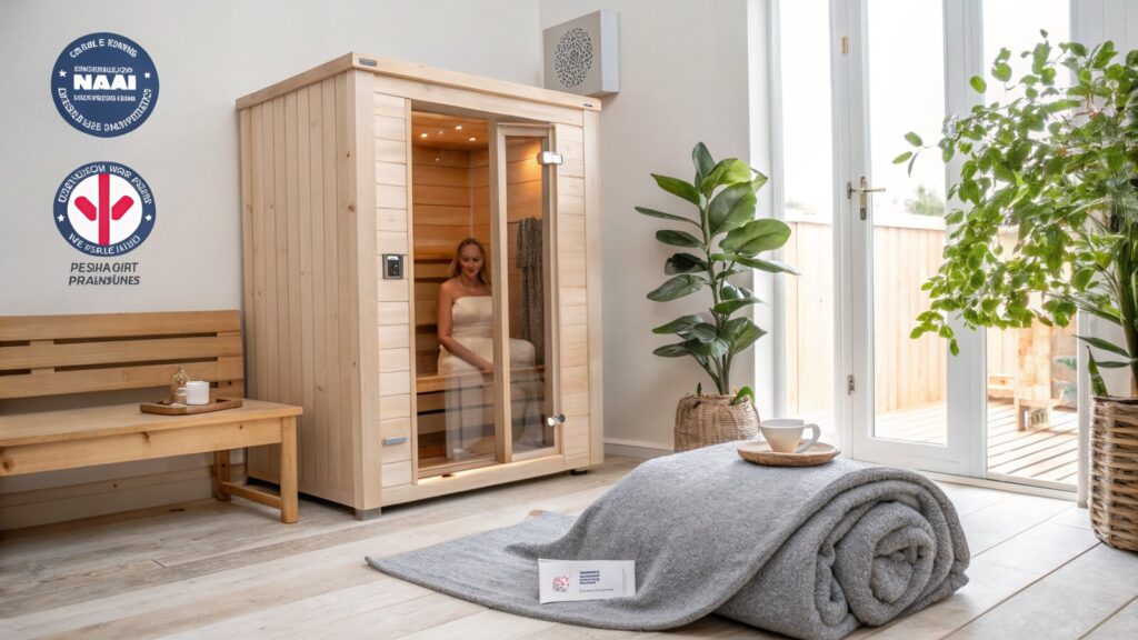 Folded infrared sauna blanket beside a small wooden infrared sauna cabin in a bright UK home wellness room