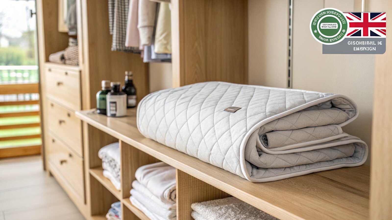 Infrared sauna blanket folded and stored on a wardrobe shelf in a tidy UK bedroom