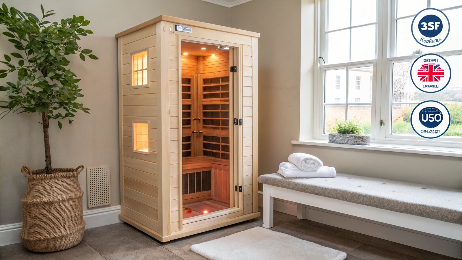 Interior of a warmly lit one-person wooden infrared sauna cabin with visible heating panels